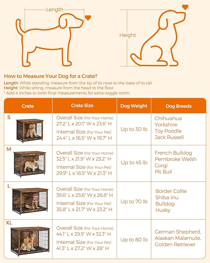 Feandrea Dog Crate Furniture, 44.1" Side End Table, Modern Kennel for Dogs Indoor up to 80 lb, Heavy-Duty Dog Cage with Multi-Purpose Removable Tray, Double-Door Dog House, Rustic Brown UPFC004X01