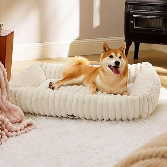 Bedsure Cute Dog Beds Large Sized Dog - Washable Furry Pet Beds, Rectangle Orthopedic Corduroy Fleece Puppy Beds with Removable Zipper Cover, 36x27x8inches, Cream