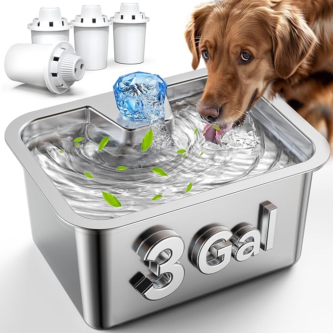 Large Dog Water Fountain Stainless Steel,3 Gallon Extra Big Pet Water Fountain for Large Dogs with 4 Filters,Automatic Dog Bowl Dispenser,Easy to Clean,Quiet Pump