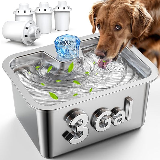 Large Dog Water Fountain Stainless Steel,3 Gallon Extra Big Pet Water Fountain for Large Dogs with 4 Filters,Automatic Dog Bowl Dispenser,Easy to Clean,Quiet Pump