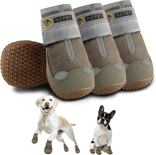 Hcpet Dog Shoes for Large Dogs, Breathable Dog Booties for Small Medium Dogs, Anti-Slip Dog Boots & Paw Protectors for Hot Pavement Winter Snow Hiking with Reflective Straps Army Green Size 4