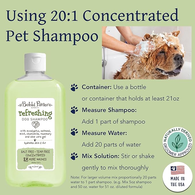 Bobbi Panter Refreshing Dog Shampoo, Hydrates & Soothes Skin & Fur, Minimizes Itching & Dander, Eucalyptus Mint Scent - 30:1 Concentrated Formula, Made in USA, Trusted by Professional Groomers, 14 oz.