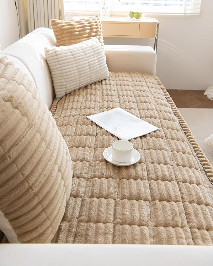 Faux Fur Plush Dog Couch Cover 3D Stripe Fuzzy Sofa Cover Non-Slip Fluffy Dog Bed Cover Pet Blanket Sofa Couch Furniture Protector for Puppy Large Dog Cat (Coffee,31"x63")