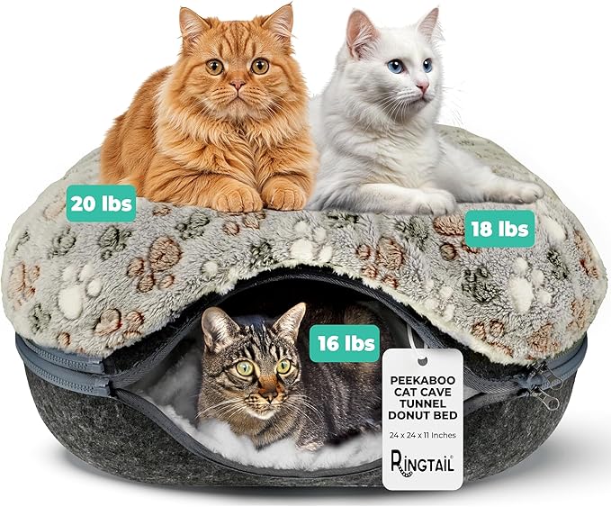 RINGTAIL Peekaboo Cat Cave - Cat Caves for Indoor Cats, Cat Donut Tunnel Bed, Kitten Beds Felt, Cat Bed Cave Large with Two Fluffy Fleece Cushion, Nest Cove Scratch-Resistant Detachable & Washable