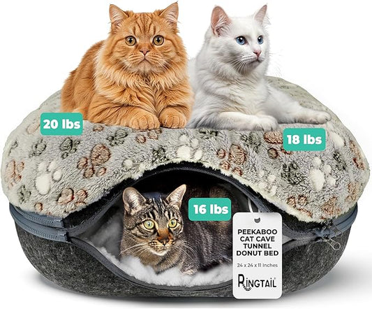 RINGTAIL Peekaboo Cat Cave - Cat Caves for Indoor Cats, Cat Donut Tunnel Bed, Kitten Beds Felt, Cat Bed Cave Large with Two Fluffy Fleece Cushion, Nest Cove Scratch-Resistant Detachable & Washable