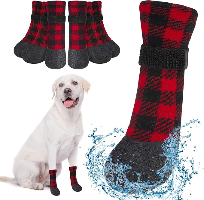 BEAUTYZOO Anti Slip Dog Boots & Paw Protectors for Hot Pavement to Prevent Licking,Waterproof Dog Shoes for Small Medium Large Senior Dogs,6 PCS Grip Socks Rain Booties for Dogs Paws Outdoor Walking