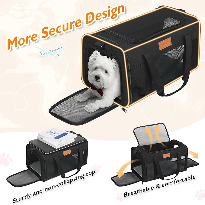 PETUX TSA Approved Pet Carrier in Cabin, 17"x11"x9.5" Soft Cat Carriers for Small Cat up to 12 lb, Top-Open Portable and Breathable Pet Carrier Airline Approved for Travel and Vet Visit, Black