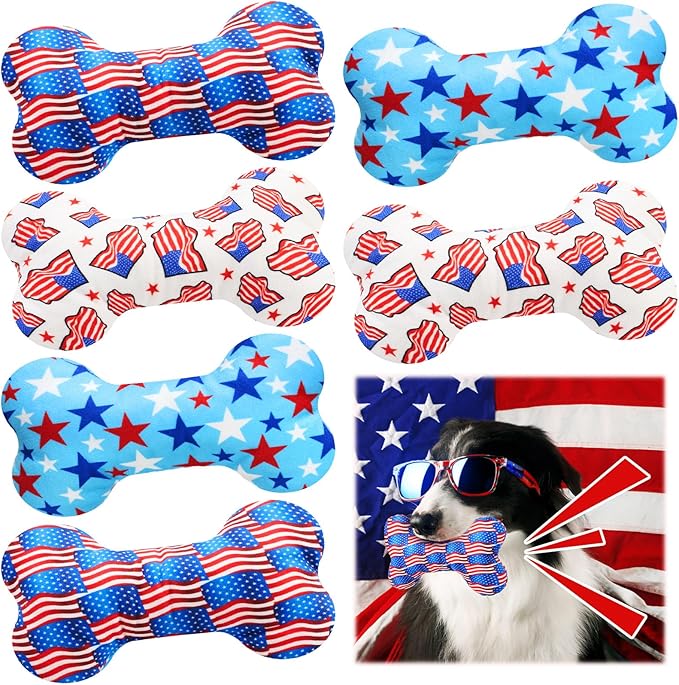 6 Pack Patriotic Dog Squeaky Bone Toys Plush Interactive Dog Pets Birthday Bone Shape Stuffed Chew Toys for Puppy Small Medium Large Squeak Toss Play