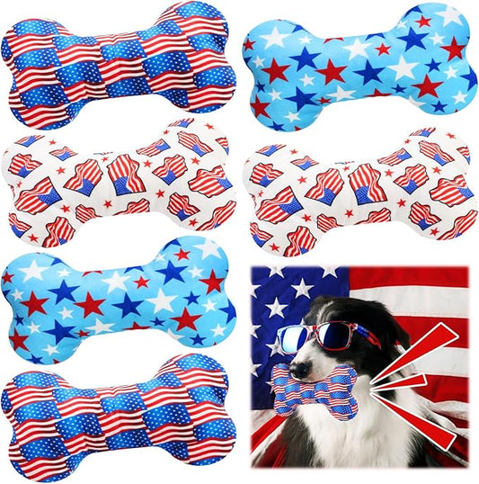6 Pack Patriotic Dog Squeaky Bone Toys Plush Interactive Dog Pets Birthday Bone Shape Stuffed Chew Toys for Puppy Small Medium Large Squeak Toss Play