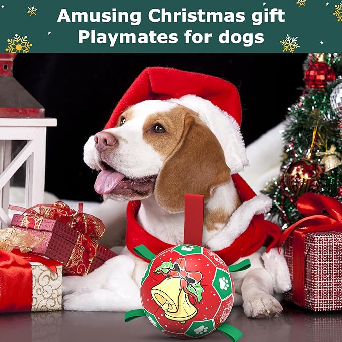 QDAN Christmas Dog Soccer Balls with Straps, Interactive Toys for Tug of War, Puppy Birthday Gifts, Durable Balls for Medium Large Dogs (8 Inch)
