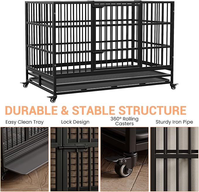 Heavy Duty Metal Dog Crate, 48.5 in Extra Large Double Door Dog Cage with Wheels, Folding Indoor Pet House with Removable Tray Perfect for Small, Medium and Large Pets