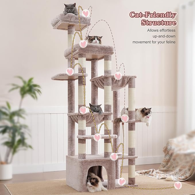 Heybly Cat Tree, 71-Inch Tall Cat Tower for Large Maine Coon Cats with Extra-Large Baseboard, Cat Condo Furniture with Multi-Level Platforms, 2 Hammocks and 12 Scratching Posts, Muchroom HCT037MU