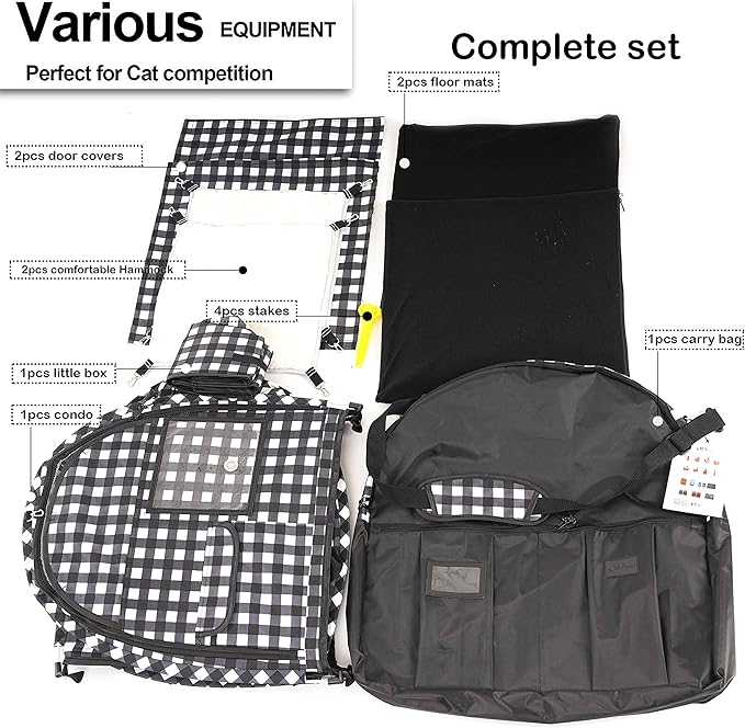 Mispace Portable Twin Compartment Show House Cat Cage/Condo - Easy to Fold & Carry Kennel - Comfy Puppy Home & Dog Travel Crate with Carry Bag/Two Hammocks/Mats and Collapsible Litter Box