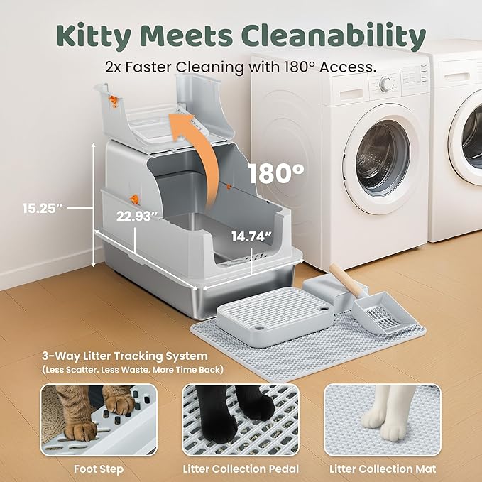 Stainless Steel Litter Box with Lid - XL Enclosed Litter Box for Cats with Collecting Mat - 4 Way Setup Fully Closed, Semi Low, High & Open Kitty Boxes, Leak Proof Metal LitterBox (Light Gray)
