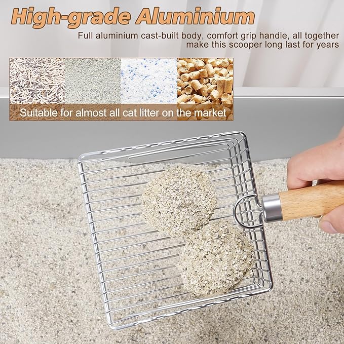 Metal Cat Litter Scoop with Holder, Poop Scooper with Stand&2 Rolls of Garbage Bag, Heavy Duty Stainless Steel Shovel with Wooden, Kitty Quick Sifter for Easy Cleaning, Essential Item for Cat