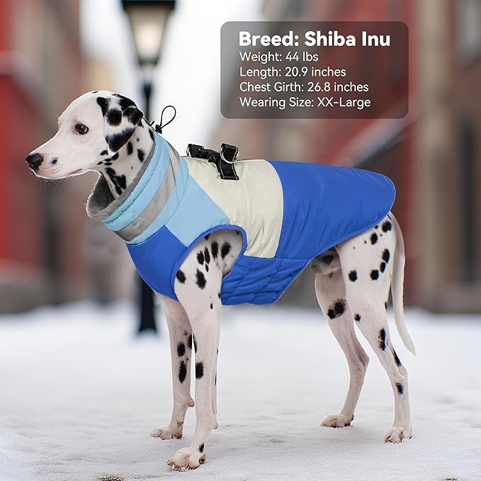Dog Coat, Waterproof Dog Winter Jacket with Harness Built in, Turtleneck Warm Doggie Cold Weather Coats, Reflective Pet Vest for Indoor & Outdoor, Windproof Dogs Snowsuit, Blue Large