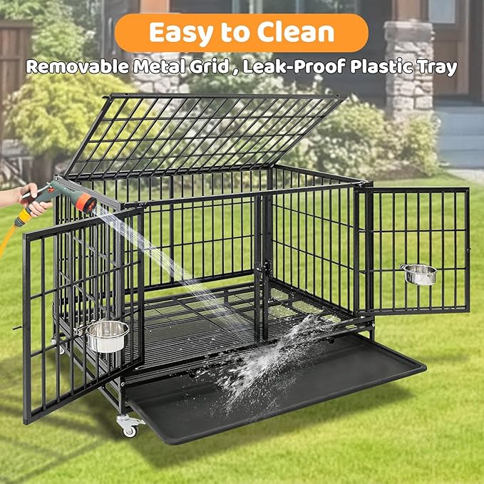 Homey Pet Three Tiers 43 inch Heavy Duty Dog Crate with Wheels, Stackable Indestructible Steel Dog Cage Kennel Indoor with Divider, Trays, Bowls, Escape Proof Locks for Breeder and More