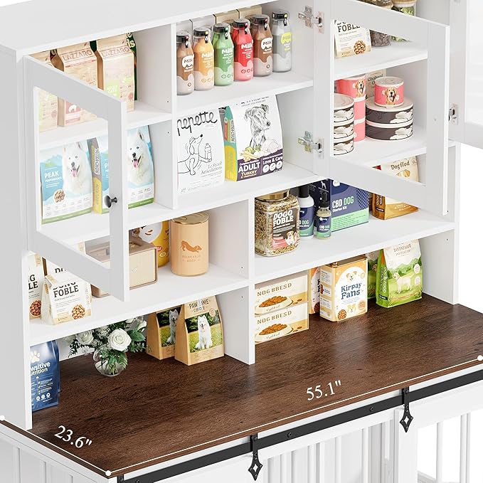 HOSTACK 71" Tall Dog Crate Furniture, 55" W Dog Kennel with Storage Hutch, XL Dog Crate for 2 Dogs with Feeding Bowls, Indoor Heavy Duty Dog Cage with Removable Room Divider, Wooden Pet House, White