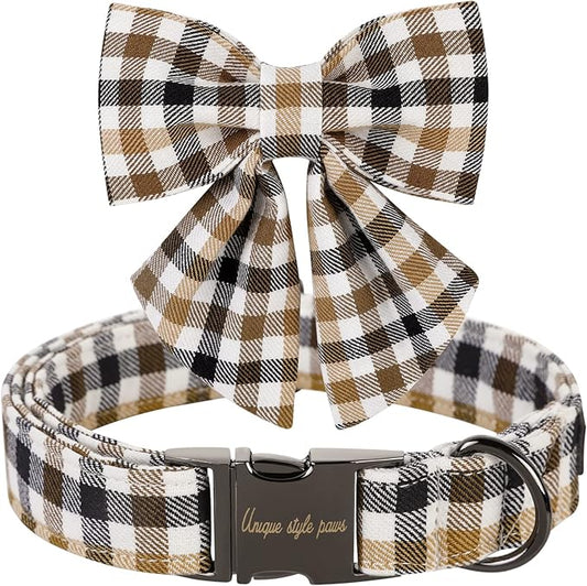 Unique style paws Christmas Dog Collar with Bow Tie Brown Plaid Puppy Collar for Small Medium Large Dogs as Autumn Winter Pet Gifts-S