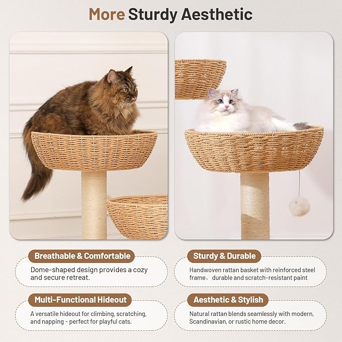 Rattan Cat Tree House with Scratching Post,Wicker Basket,Bed,and Stand Modern Cat Climbing Tower Condo for Indoor Large Adult Cat
