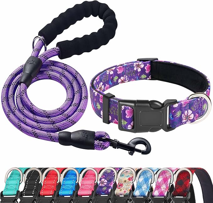 Reflective Dog Collar Padded with Soft Neoprene Breathable Adjustable Nylon Dog Collars for Small Medium Large Dogs (Small (Pack of 1), Purple/Pink Floral Collar+Leash)