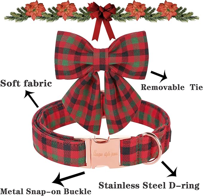 Unique style paws Christmas Dog Collar with Bow Tie Black Red Green Plaid Puppy Collar for Small Medium Large Dogs as Autumn Winter Pet Gifts-M
