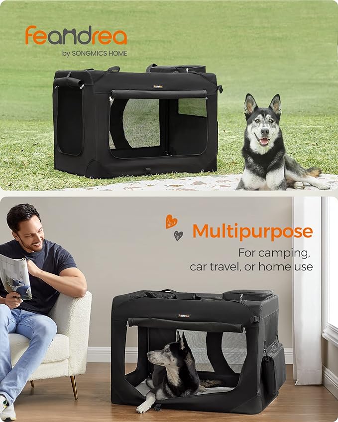 Feandrea 40 Inches Collapsible Soft Dog Crate, Portable Travel Dog Crate for Indoor and Outdoor Use, Dog Carrier Kennel with Safety Zippers, for Living Room, Car, Travelling, Camping, Black UPDC10H