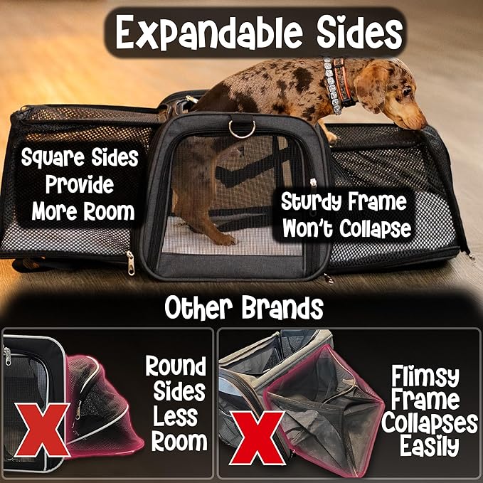 Pet Carrier with Wheels | Delta American Frontier Airline Approved | Two Expandable Sides, Storage Pockets Adjustable Leash | Rolling Dog and Cat Carrier TSA Compliant (Light Grey 17x12.5x11)