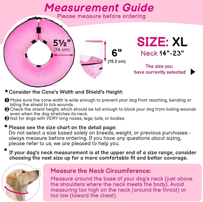 BARKLESS Inflatable Dog Cone, Protective Dog Surgery Collar to Stop Licking Biting Wounds, Patented Soft Donut Cone with Clear Shield, Adjustable Blow-up Collar for Surgery Recovery (Pink, XL)