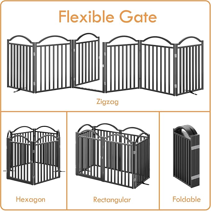 UDD Dog Gate Indoor 144" Extra Wide, 32" Tall Foldable Pet Gate with Door for Stairs Doorways Hallways Porch, Freestanding No Drilling Metal Pet Fence for Dogs Puppy, Black 6-Panel