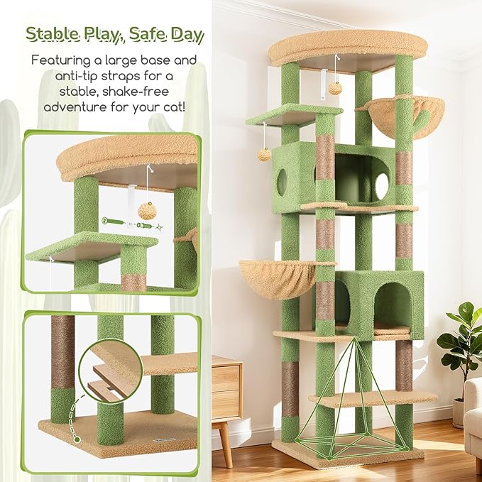 Globlazer Cactus Heavy Duty Cat Tree, 74in Tall Sturdy Cat Tower for Large Cats Adult Big Cat Tree with 7 Scratching Posts, 2 Padded Spacious Condos, 2 Hanging Baskets, Enlarged Top Perch, S74, Green