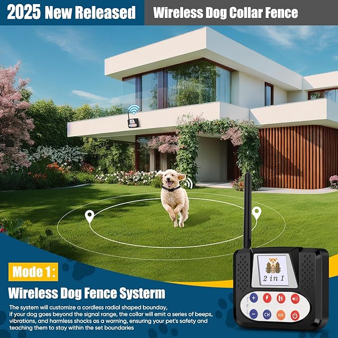 Wireless Dog Fence, Electric Fence for Dogs with Big LCD Screen, Portable Wireless Pet Fence & Remote Training Collar, Dog Perimeter Fence, Adjustable for Large Medium Small Dogs (for 2 Dogs)