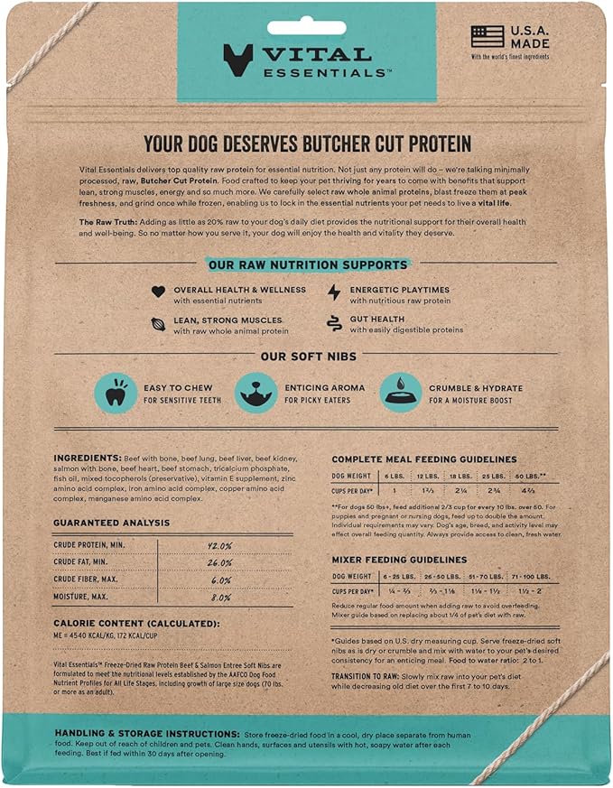 Vital Essentials Freeze-Dried Raw Beef & Salmon Meal or Mixer Dog Food Soft Nibs | 99% Beef, Salmon, Organs & Bone |14 oz