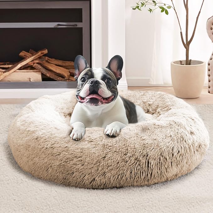 JOLLYVOGUE Calming Dog & Cat Bed for Large Dogs, Anti-Anxiety Donut Cuddler Cozy Soft Round Bed with Anti-Slip Bottom, Fluffy Faux Fur Plush Cushion Beds for Medium Dogs (36")