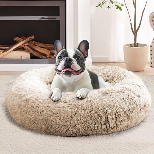 JOLLYVOGUE Calming Dog & Cat Bed for Small Dogs, Anti-Anxiety Donut Cuddler Cozy Soft Round Bed with Anti-Slip Bottom, Fluffy Faux Fur Plush Cushion Beds for Small Medium Dogs (27")