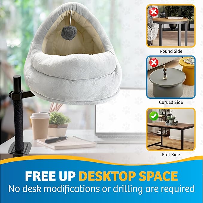 Cat Desk Bed with Scratching Post – Elevated Modern Perch for Desk, Window, or Shelf Use – Dual-Purpose Flat Surface or Plush Bed for Napping & Lounging – Space-Saving Indoor Cat Furniture