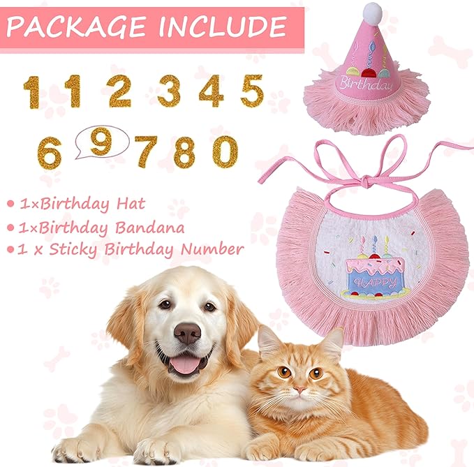 Dog Birthday Party Supplies, Dog Birthday Bandana Set,Bling Boy Girl Party Hat with Numbers for Puppy Large Medium Small Pet (Pink Set, Large)