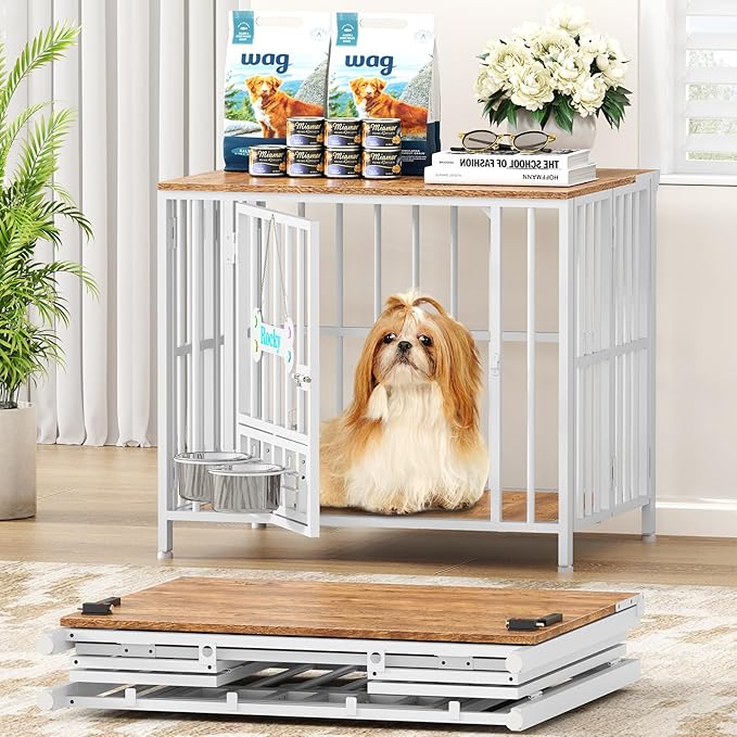Easycom 27" Dog Crate Furniture Foldable, No Assembly Decorative Dog Kennel Indoor, Dog Crates for Small Dogs (Under 20 lb), Wooden Dog Cage with Bowls and Name Tag, End Table, White & Beech
