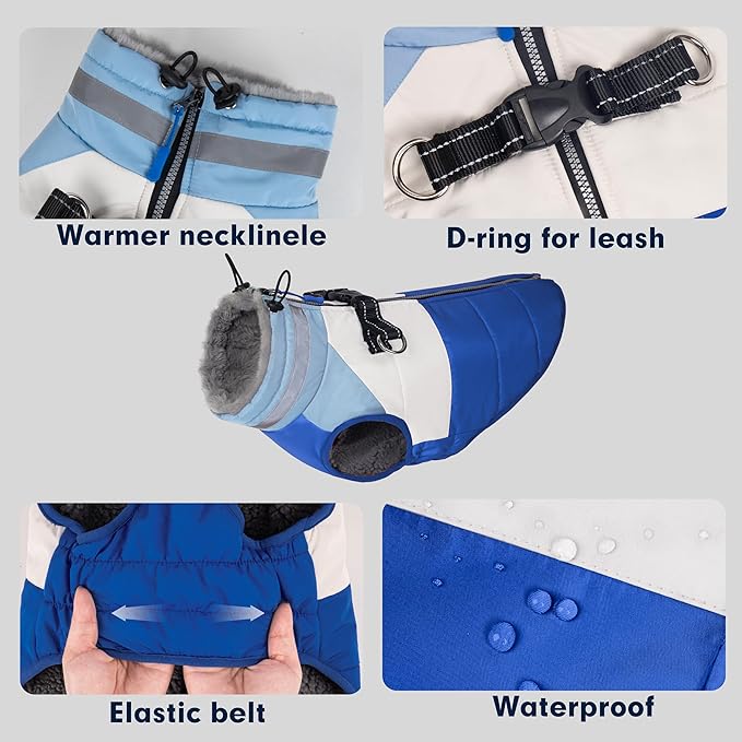 azuza Dog Jacket for Medium Dogs Waterproof Dog Coat with Reflective Strips and Harness Built in Warm Fleece Dogs Winter Coat Windproof with Back Zipper, Blue 2XL