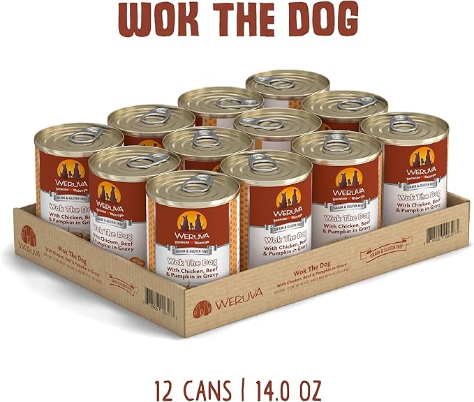 Weruva Classic Dog Food, Wok The Dog with Chicken Breast, Beef & Pumpkin in Gravy, 14oz Can (Pack of 12), Brown