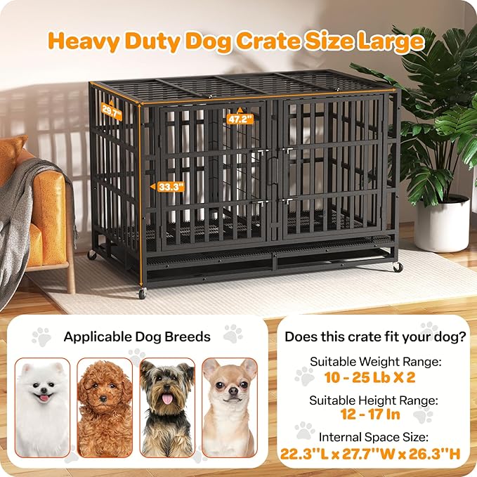 Heavy Duty Indestructible Dog Crate 48 Inch with Removable Tray, Sizes & Colors Optional, Escape Proof Double Door High Anxiety Cage Indoor, Kennel with Wheels for Large Dogs, XL XXL XXL