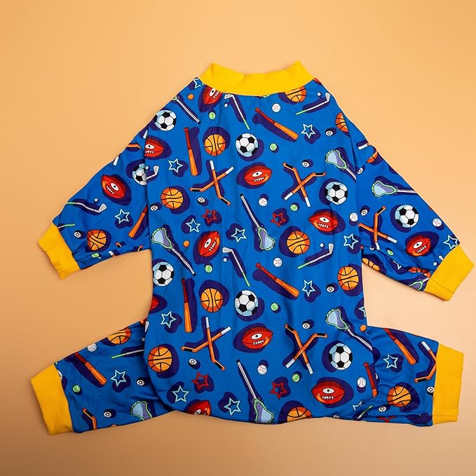 LovinPet Large Dog Onesies for Surgery Recovery, Dog Pajamas for Large Dogs,Lightweight Stretchy Fabric,Blue Sports Print,Dog Pajamas for Surgery Recovery, Easy to Wear, Onesies for Dogs, XL