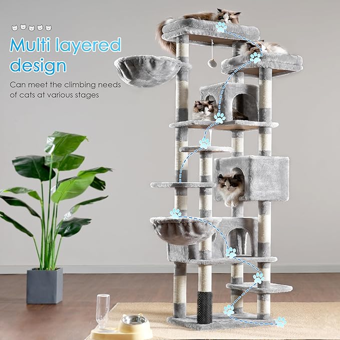 Hey-brother Cat Tree, 74 inches Multi-Level XL Large Cat Tower for Indoor Cats with Three Cat Condos, Two Large Top Decks and Cat Hairbrushfor Kittens, Cats and Pets, Light Gray MPJ035-MW