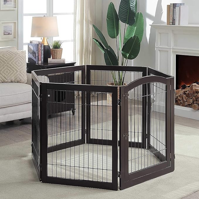 unipaws 144" Extra Wide Dog Gate and Pet Playpen, Free Standing Tall Dog Fence with Walk Through Door, Barriers for Home, Use as Indoor Cats Pen, Rabbit Pen, Espresso