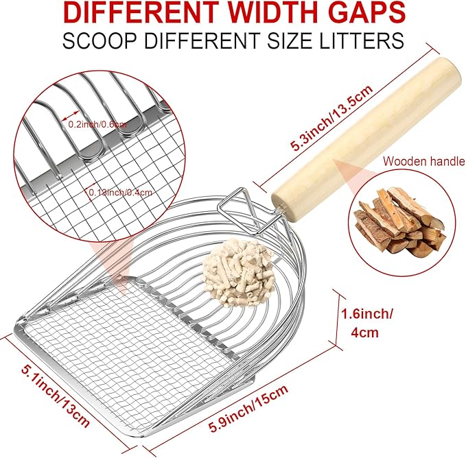 Ownpets Iron Metal Cat Litter Scoop, Heavy Duty Kitty Litter Scooper & Speed Sifter to Catch Small & Large Clumps, with Eucalyptus Wood Handle, Non-Stick Deep Shovel for Effective cleanup