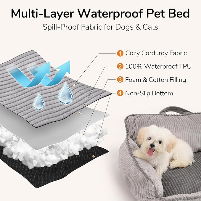 FUKUMARU Cat Couch Bed, Fluffy Corduroy Cat Beds for Indoor Cats with Washable Cover, Waterproof Small Dog Sofa Beds with Portable Handle and Anti-Slip Bottom, Pet Beds & Furniture 28inch, Grey
