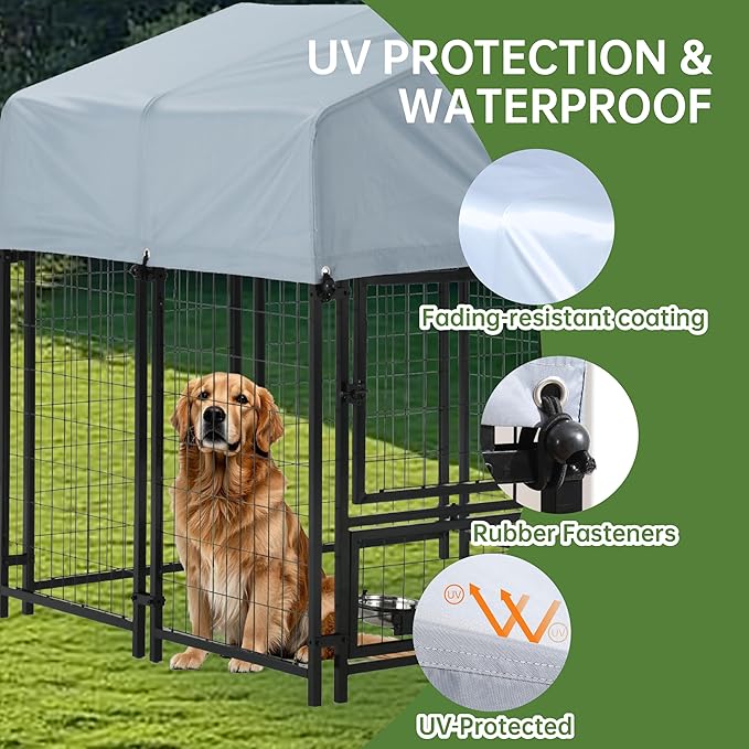 Outdoor Dog Enclosure Heavy Duty Dog Kennel House Mesh Dog Big Cage Pet Kennel Steel Fence with Secure Lock and UV-Resistant Waterproof Roof Cover for Outside (4x4x6 FT)
