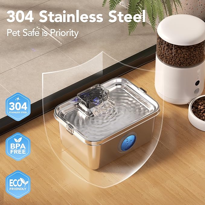 Dog Water Fountain, 3 Gallons Stainless Steel Dog & Cat Water Fountain, Large Pet Water Fountain for Multiple Pets, Ultra Silent, Wide Tray, Safety Lock, 3 Filters Included, Smart Water Pump