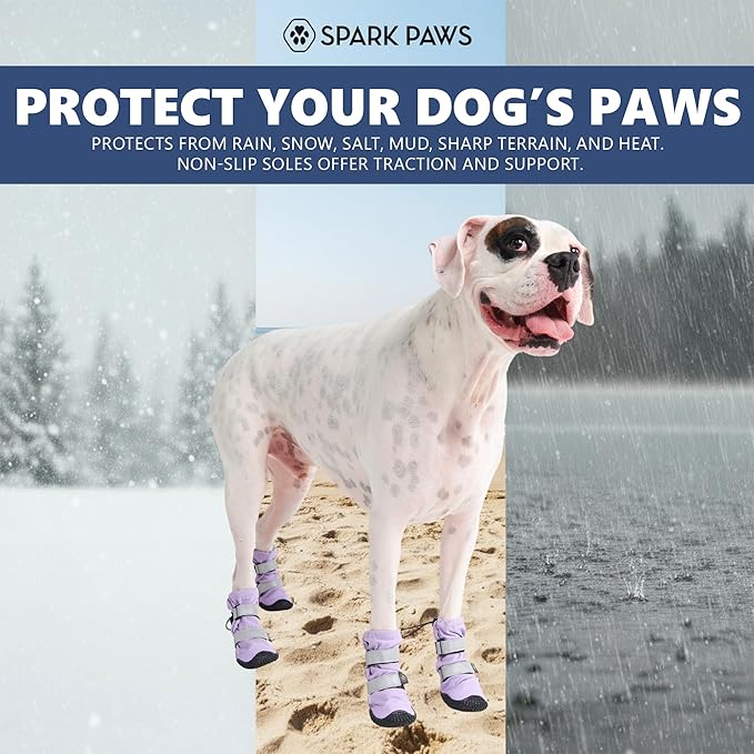 Spark Paws Dog Shoes, Waterproof Dog Boots for Medium to Large Dogs, Non Slip, Breathable Dog Booties and Paw Protectors - 4PCS Doggie Hiking Boots with Reflective Straps - Lilac - Size 7