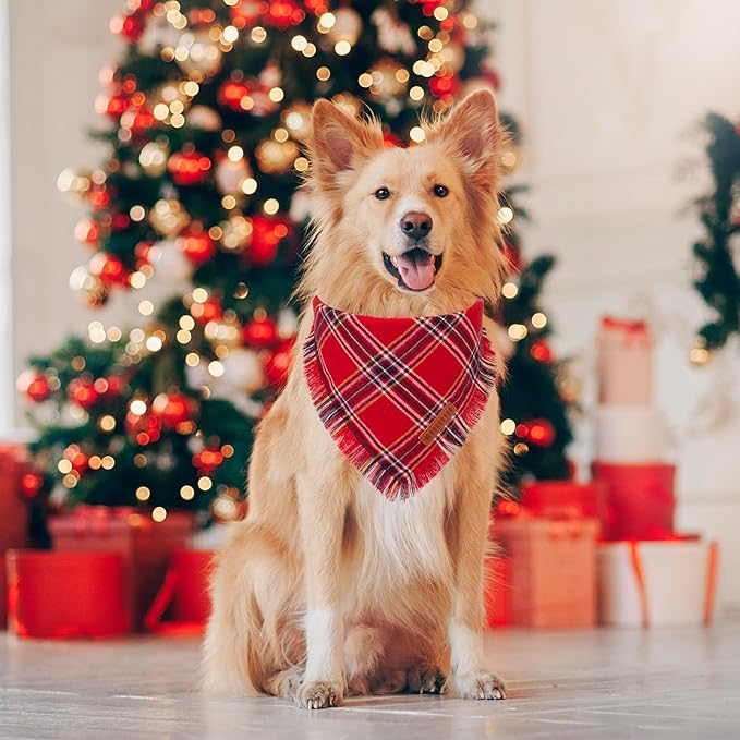 ADOGGYGO Christmas Dog Bandanas with Tassels, Stylish Red Green Plaid Dog Scarf Bib, Multiple Sizes, Pet Christmas Bandanas for Large and Extra Large Dogs (X-Large)